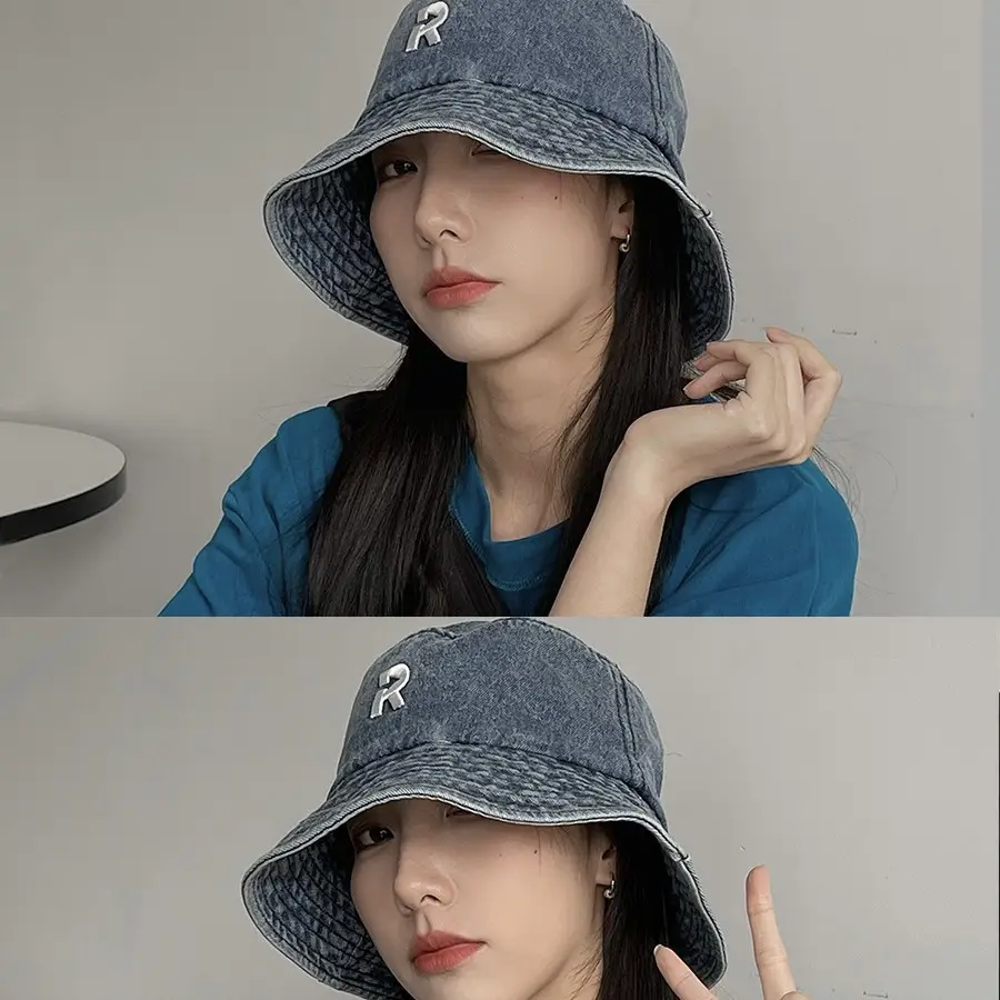 Women's New Alphabet Denim Fisherman Hat Sunshade Show Face Small - Image 6