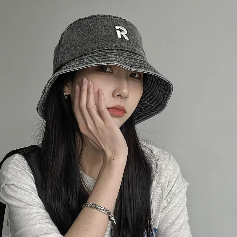 Women's New Alphabet Denim Fisherman Hat Sunshade Show Face Small - Image 7