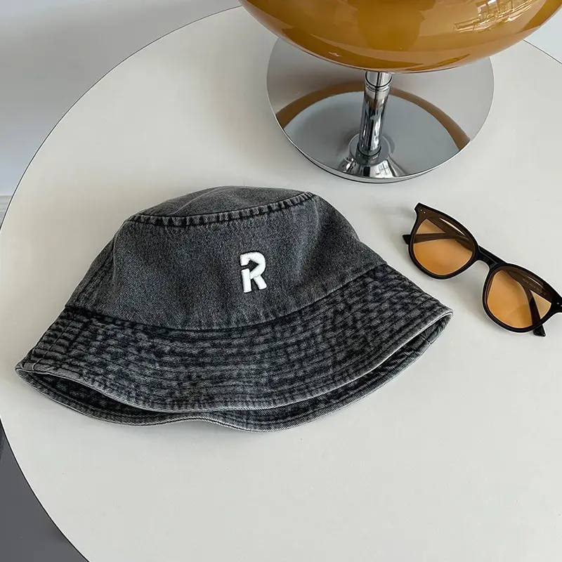 Women's New Alphabet Denim Fisherman Hat Sunshade Show Face Small - Image 3