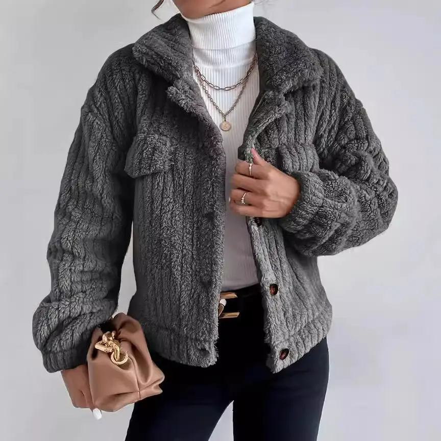 Women's 2025 Fleece Lined Turn-Down Jacket Brown - Image 8