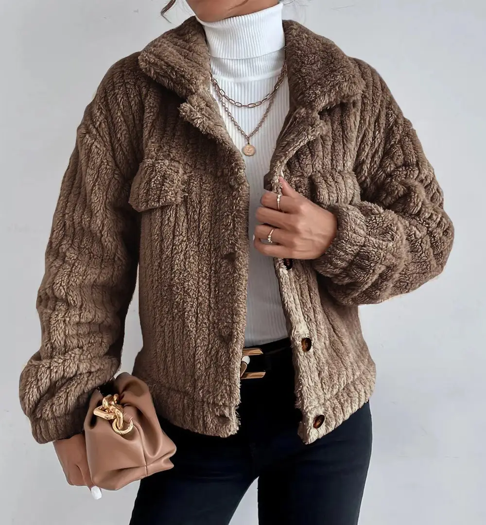 Women's 2025 Fleece Lined Turn-Down Jacket Brown — feature 13