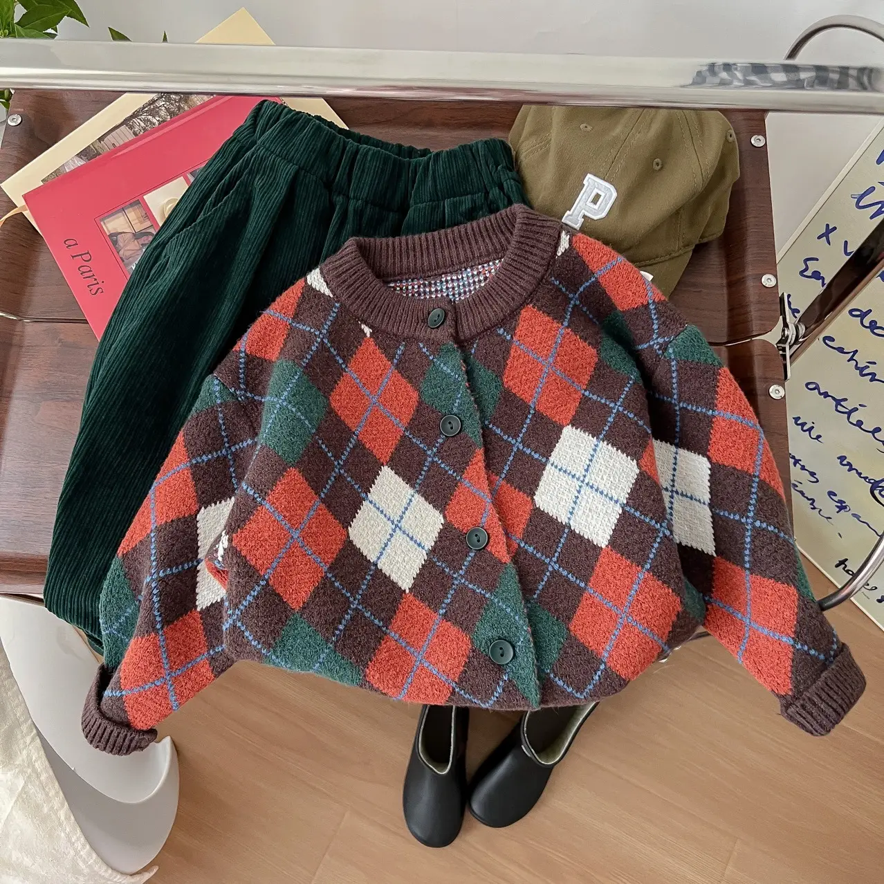 Children's 2025 Korean Style Knit Cardigan Argyle Sweater Set - Image 2