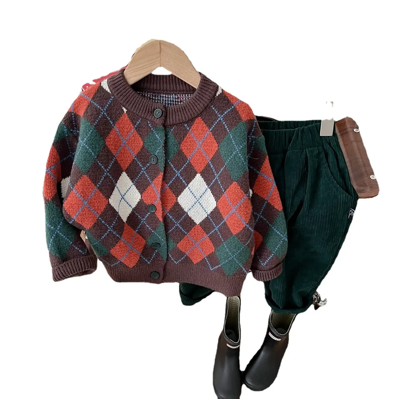 Children's 2025 Korean Style Knit Cardigan Argyle Sweater Set - Image 5