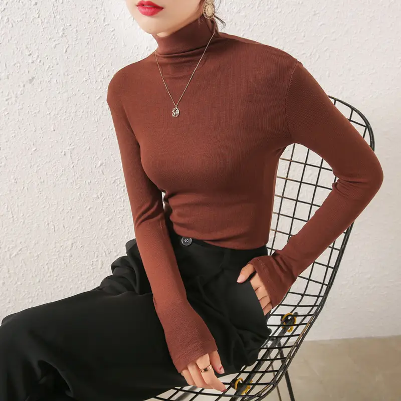Women Slim Fit High Collar Shirt Grey Solid Color - Image 8