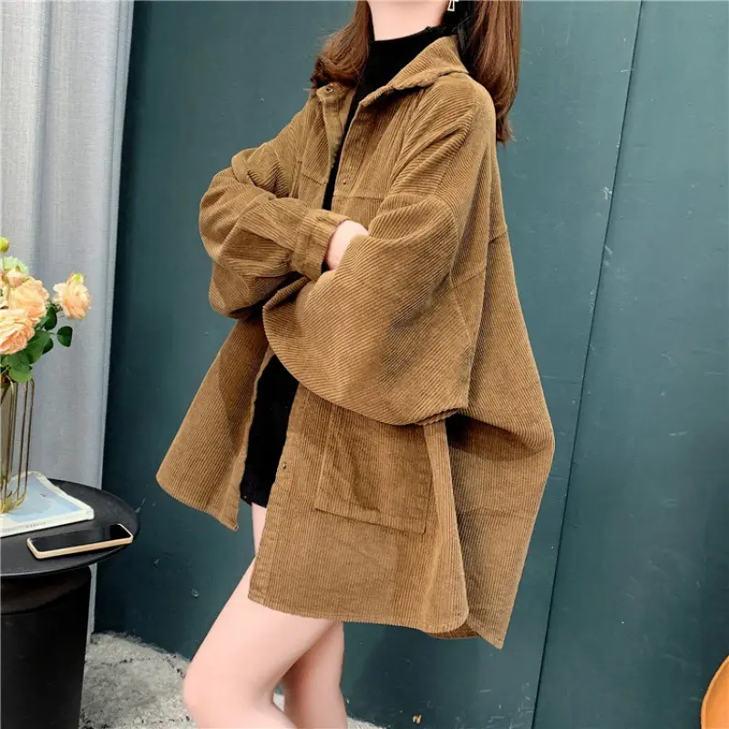 Women's Yellow Corduroy Hooded Shirt Mid-Length Loose Spring Autumn - Image 3