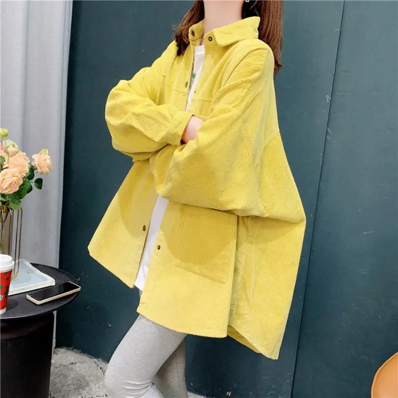 Women's Yellow Corduroy Hooded Shirt Mid-Length Loose Spring Autumn - Image 4
