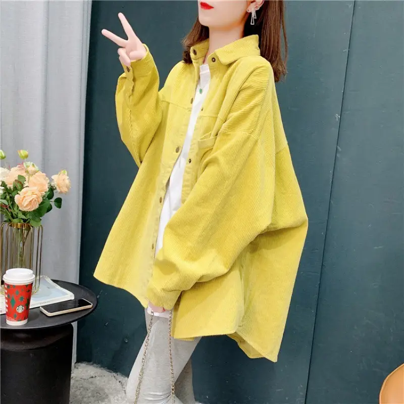 Women's Yellow Corduroy Hooded Shirt Mid-Length Loose Spring Autumn - Image 5