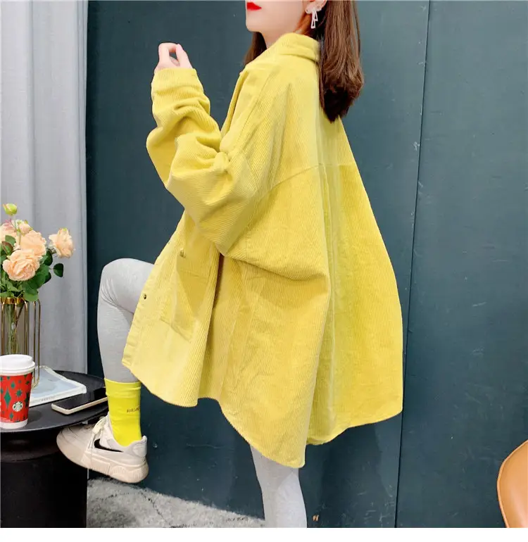 Women's Yellow Corduroy Hooded Shirt Mid-Length Loose Spring Autumn — feature 10