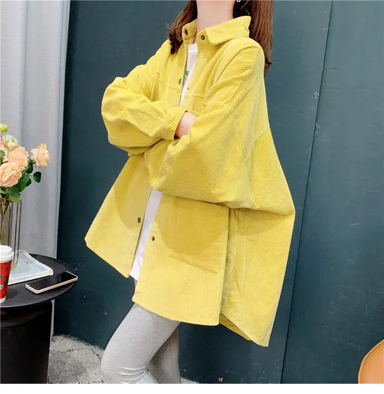 Women's Yellow Corduroy Hooded Shirt Mid-Length Loose Spring Autumn — feature 11