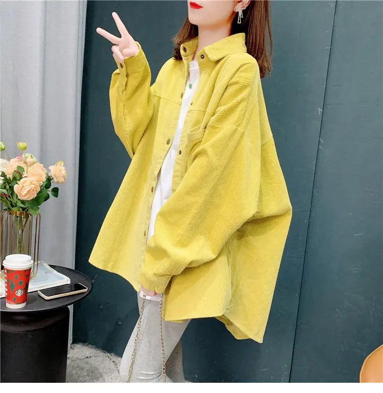 Women's Yellow Corduroy Hooded Shirt Mid-Length Loose Spring Autumn — feature 12