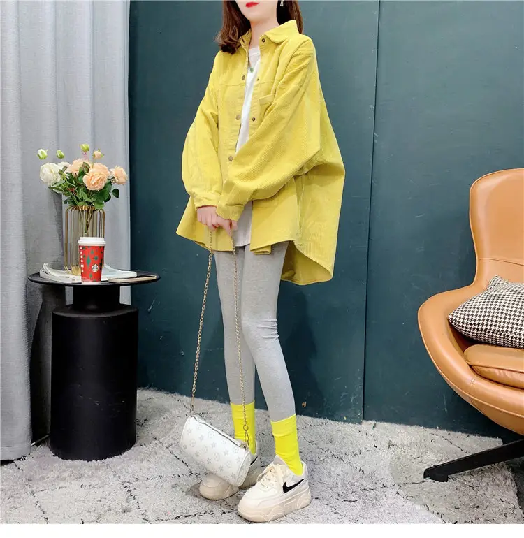 Women's Yellow Corduroy Hooded Shirt Mid-Length Loose Spring Autumn — feature 13