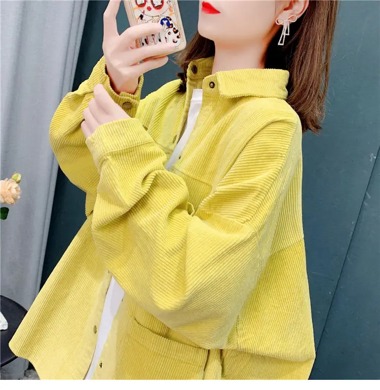 Women's Yellow Corduroy Hooded Shirt Mid-Length Loose Spring Autumn — feature 14