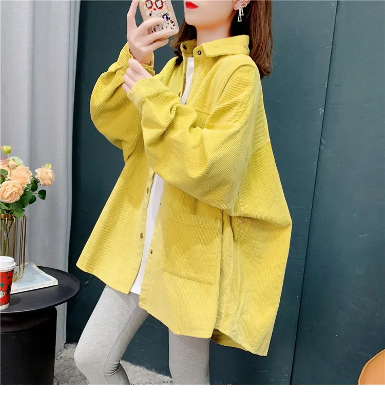 Women's Yellow Corduroy Hooded Shirt Mid-Length Loose Spring Autumn — feature 15