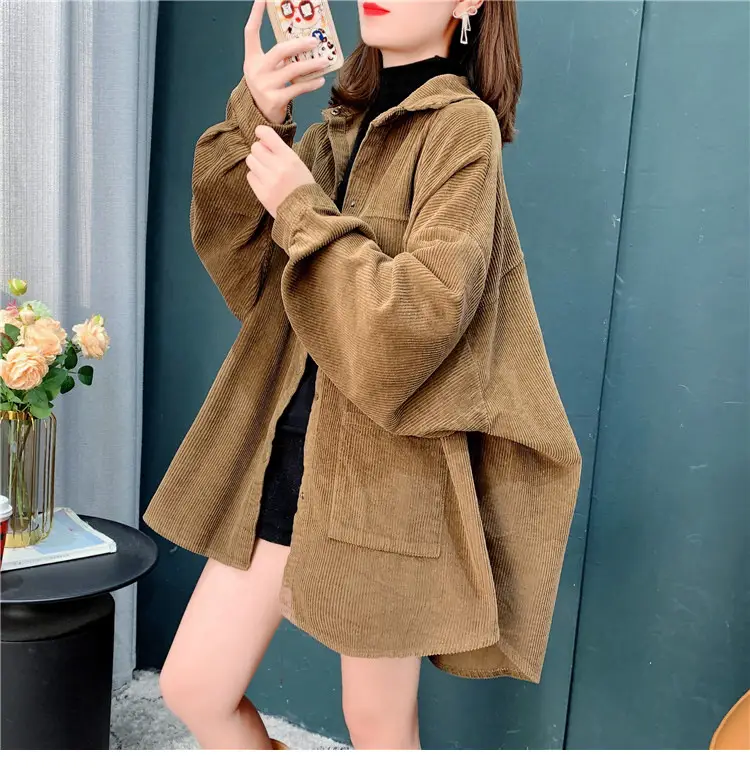Women's Yellow Corduroy Hooded Shirt Mid-Length Loose Spring Autumn — feature 3
