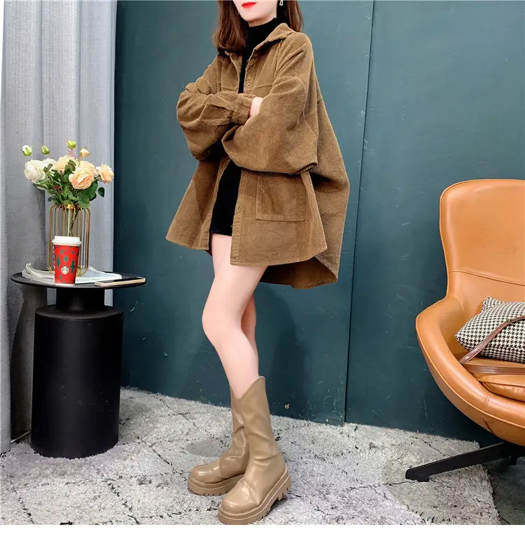 Women's Yellow Corduroy Hooded Shirt Mid-Length Loose Spring Autumn — feature 4