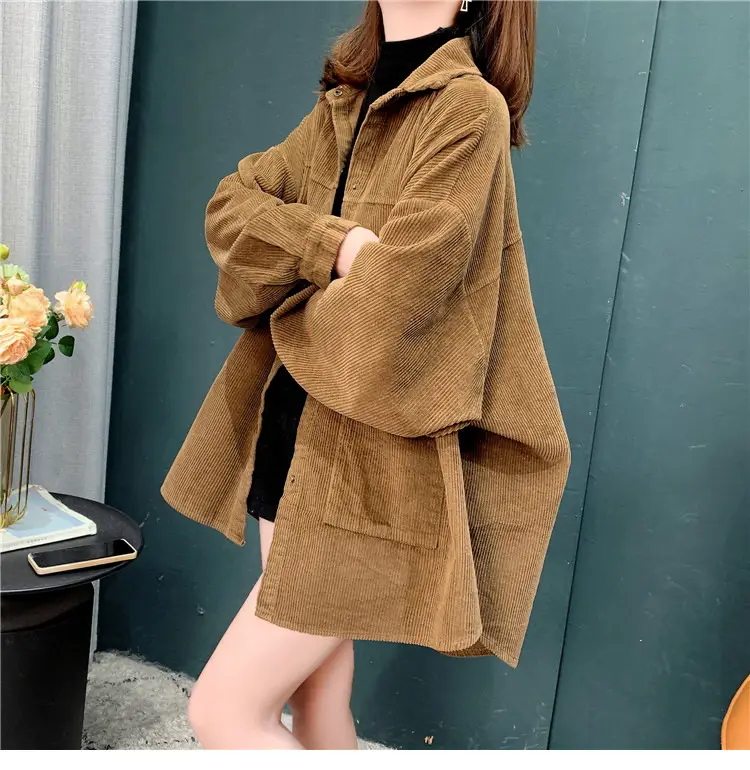 Women's Yellow Corduroy Hooded Shirt Mid-Length Loose Spring Autumn — feature 5