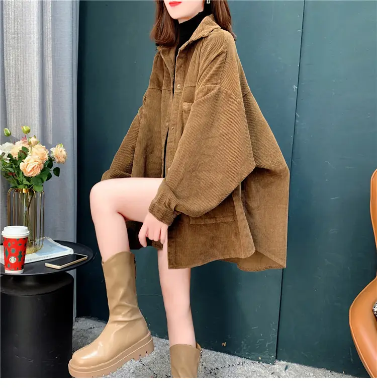 Women's Yellow Corduroy Hooded Shirt Mid-Length Loose Spring Autumn — feature 6