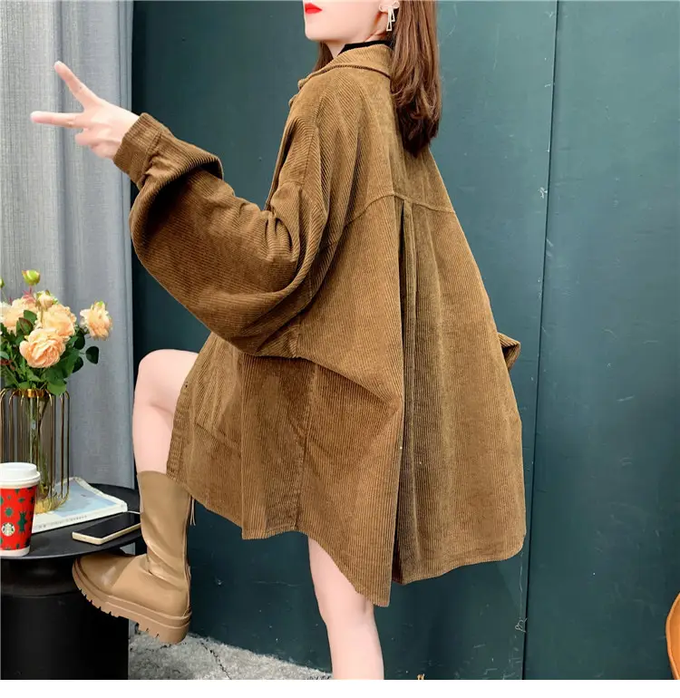 Women's Yellow Corduroy Hooded Shirt Mid-Length Loose Spring Autumn — feature 7