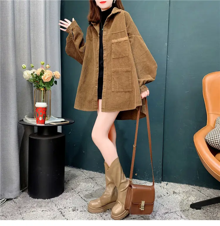 Women's Yellow Corduroy Hooded Shirt Mid-Length Loose Spring Autumn — feature 8