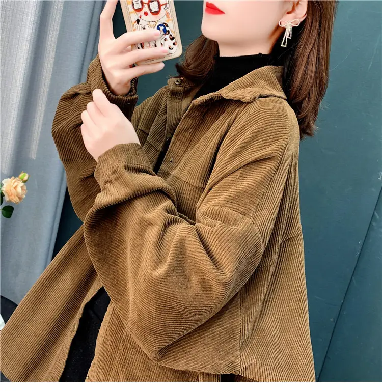 Women's Yellow Corduroy Hooded Shirt Mid-Length Loose Spring Autumn — feature 9