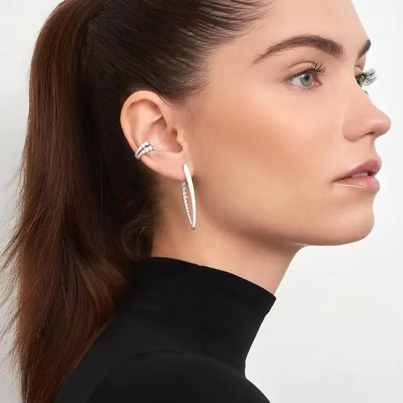 Women's C-Shape Multi Layer Diamond Earrings Silver - Image 11
