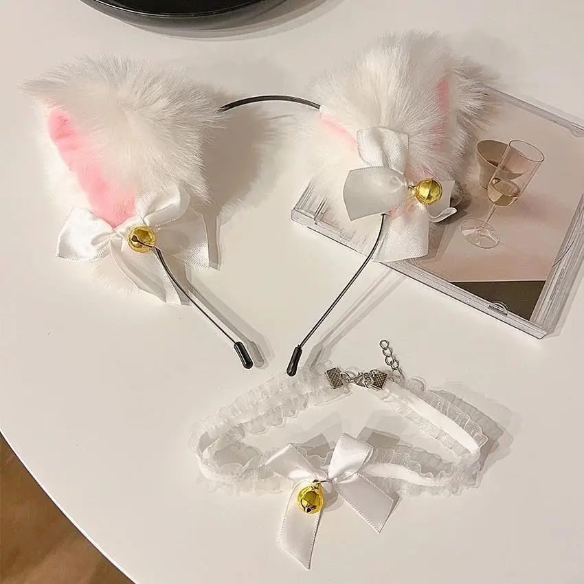 White Fox Headband with Pink Flower Decor - Image 7