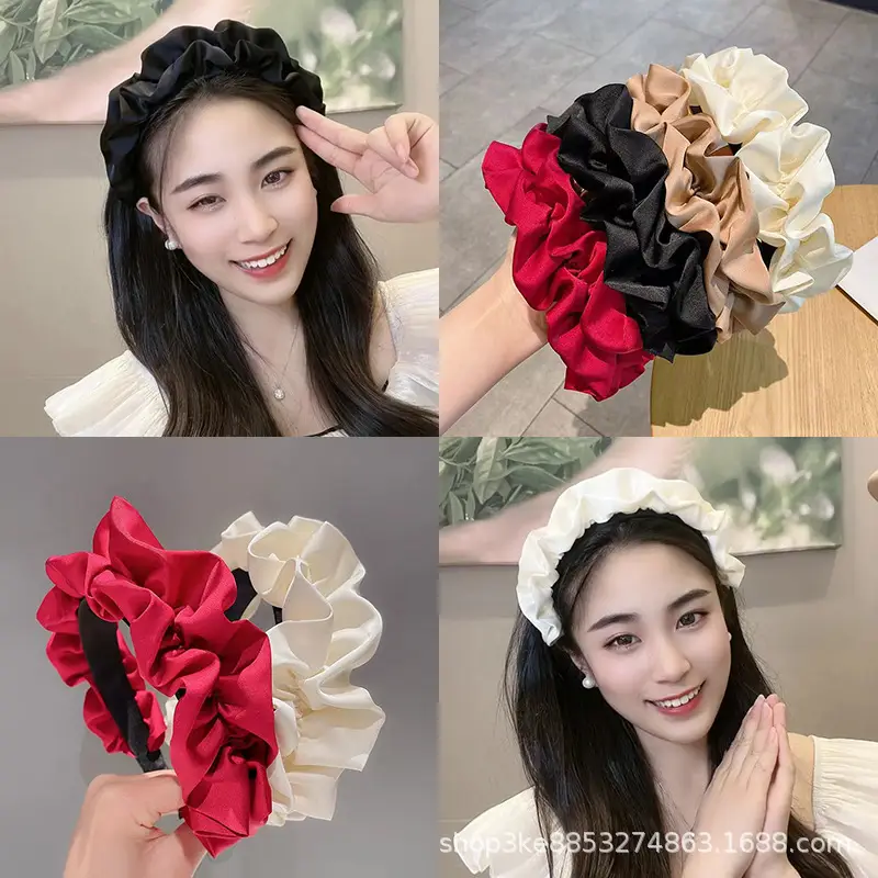 Women Satin Hair Hoop Wide Brim Red White - Image 11