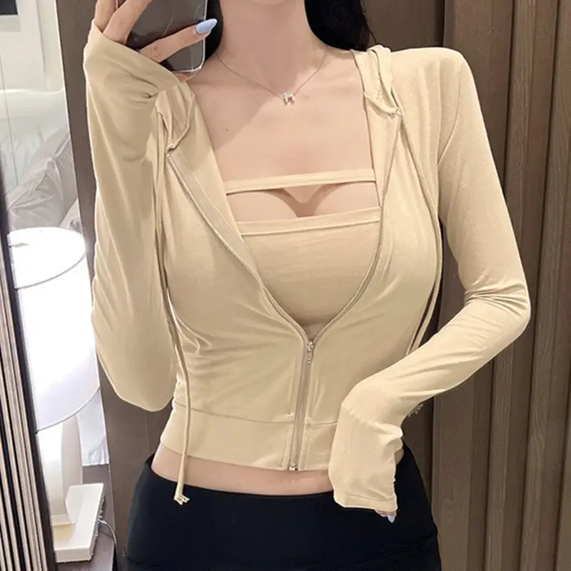 Women's Beige Zipper Hoodie Vest Set - Image 10