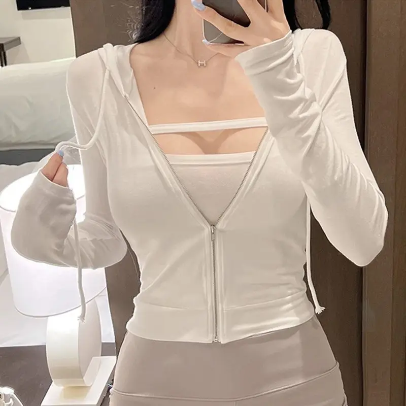 Women's Beige Zipper Hoodie Vest Set - Image 11