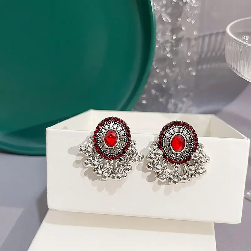 Retro Tassel Earrings Red Crystal Women