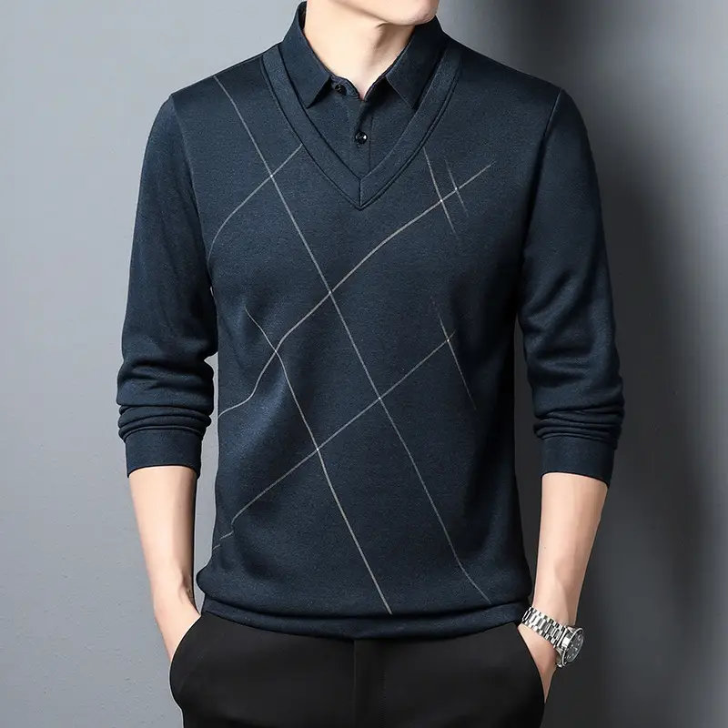 Men Navy V-Neck Long Sleeve T-Shirt - Image 2