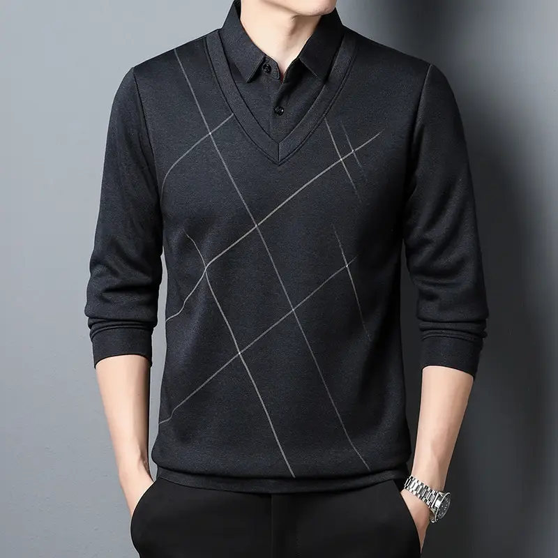 Men Navy V-Neck Long Sleeve T-Shirt - Image 3