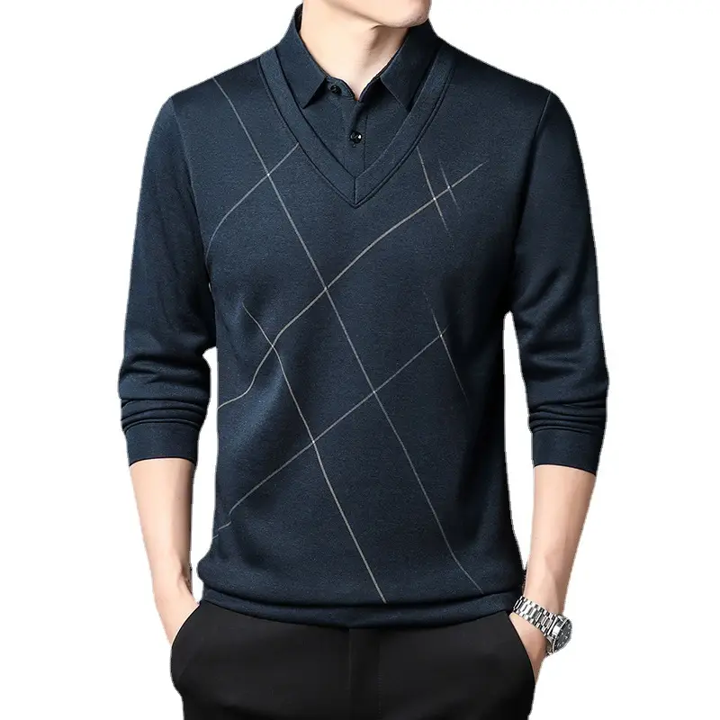 Men Navy V-Neck Long Sleeve T-Shirt - Image 5