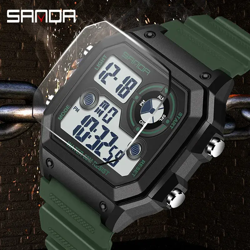 Men's Square Digital Watch Green LED Lumen - Image 8