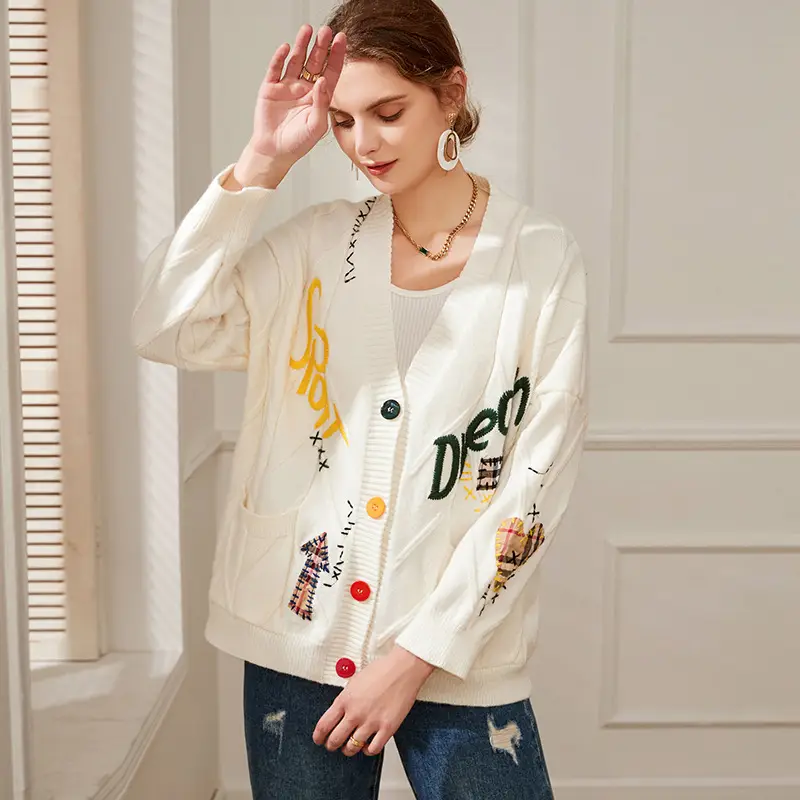 2023 Knitwear Cross-Border Cardigan Jacket White Embroidered