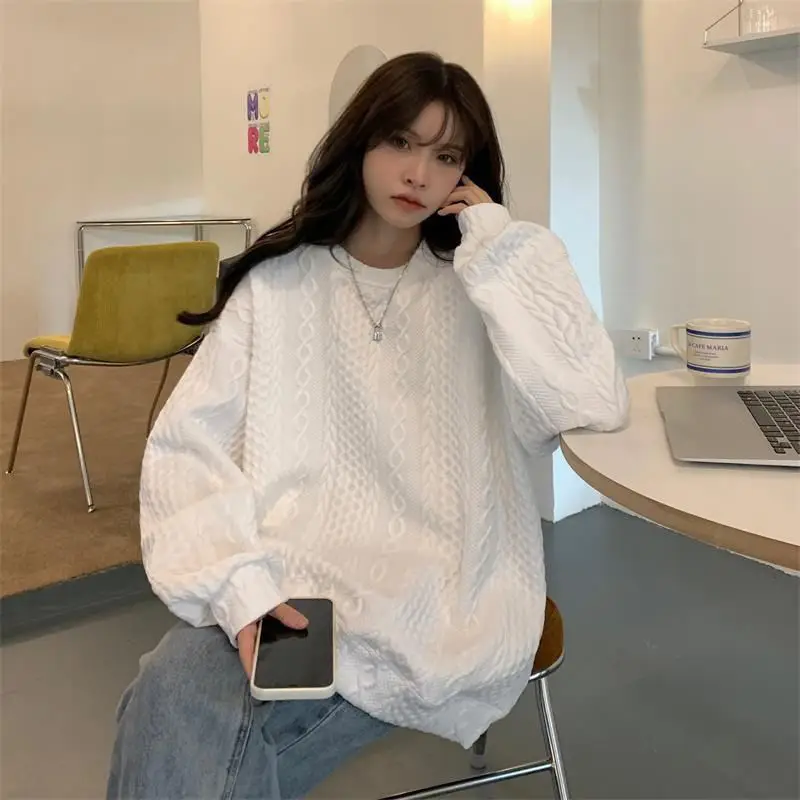 Women's White Knitted Hooded Sweatshirt Oversize Loose Korean Style - Image 3