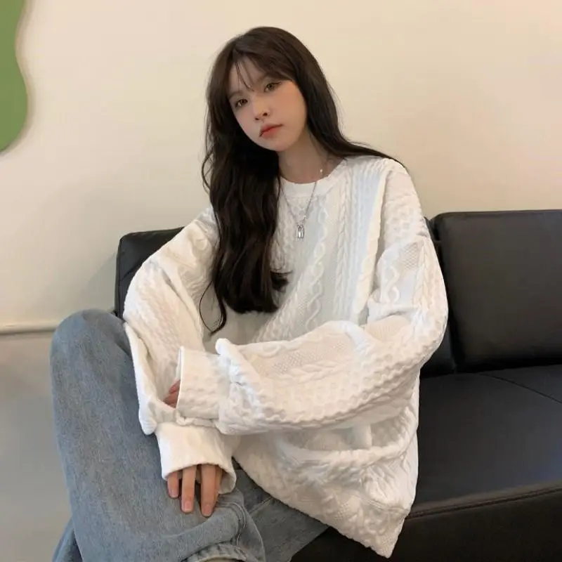 Women's White Knitted Hooded Sweatshirt Oversize Loose Korean Style - Image 4