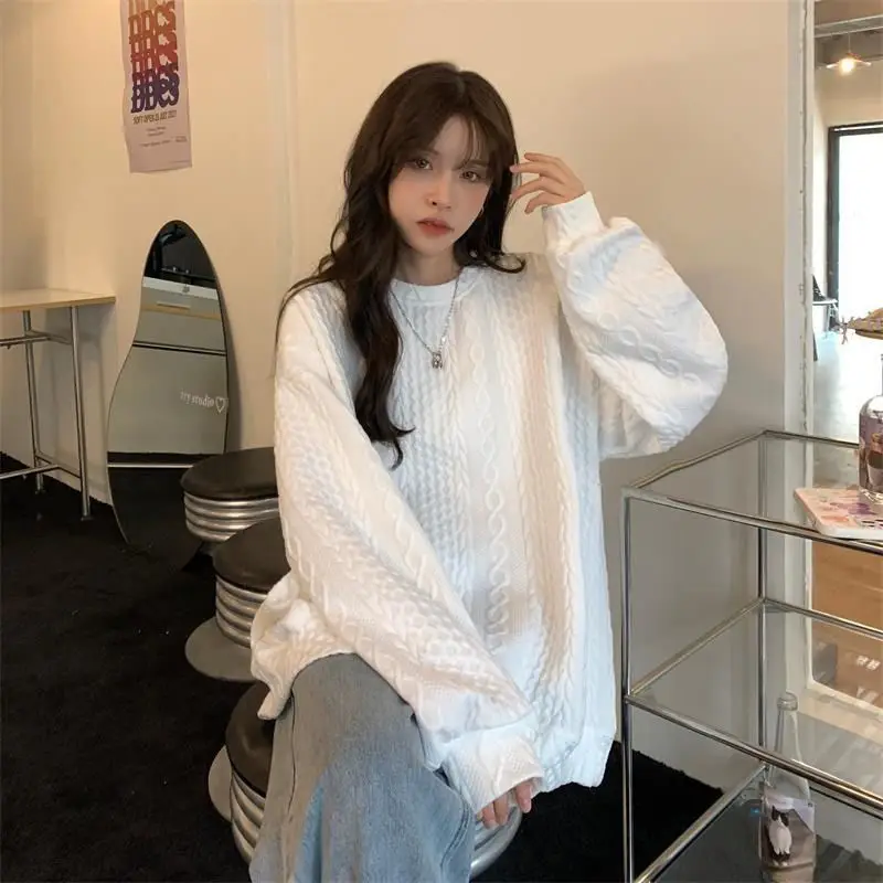 Women's White Knitted Hooded Sweatshirt Oversize Loose Korean Style - Image 5