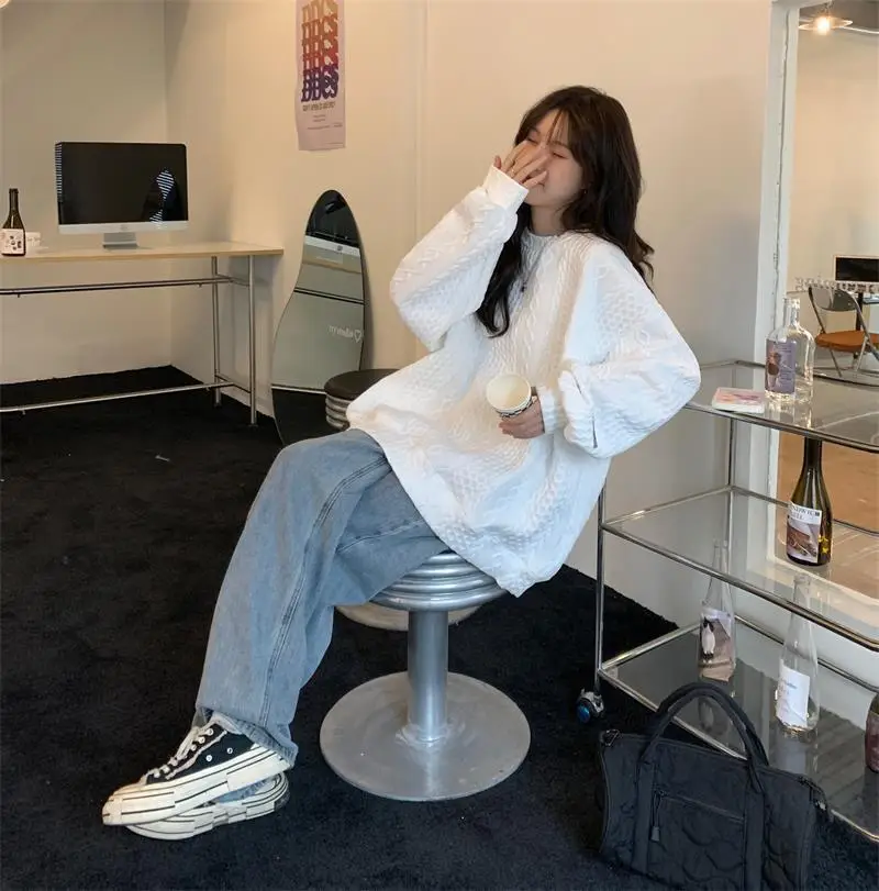 Women's White Knitted Hooded Sweatshirt Oversize Loose Korean Style — feature 4