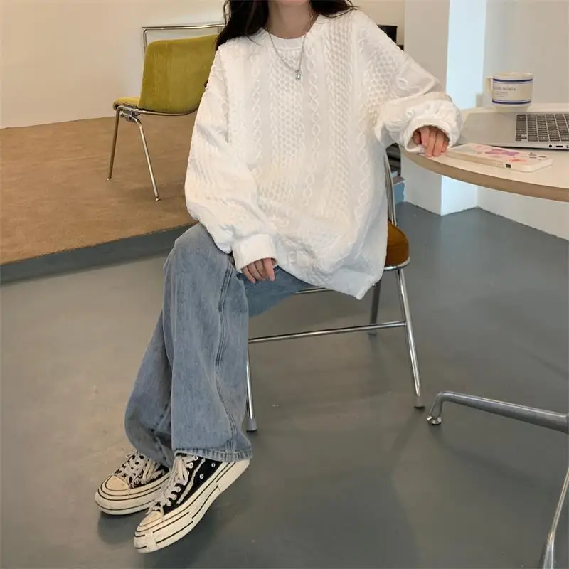 Women's White Knitted Hooded Sweatshirt Oversize Loose Korean Style — feature 5