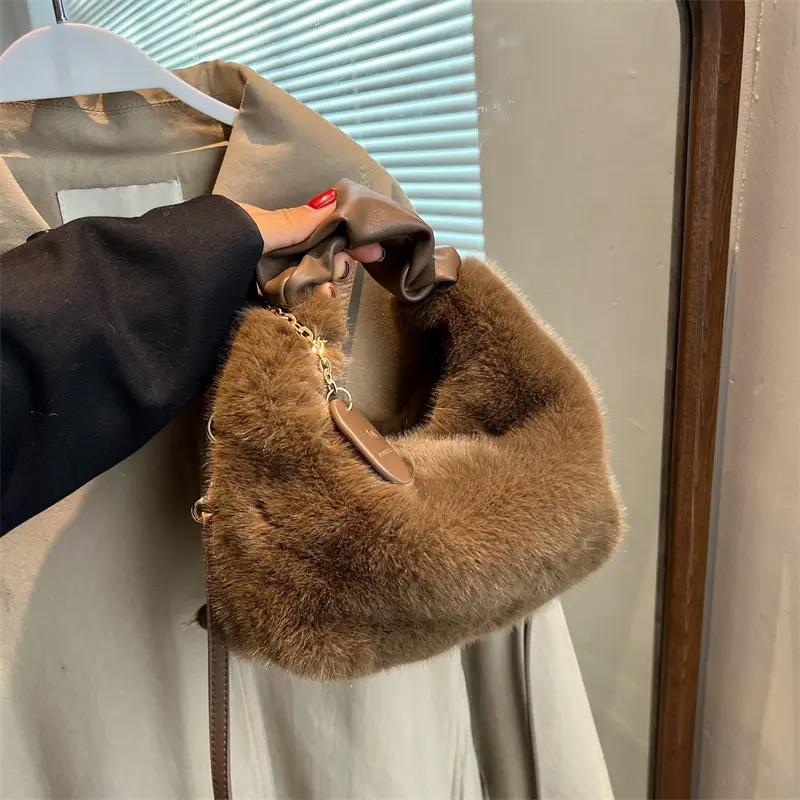 Furry Shoulder Messenger Bag for Women Brown 2022 - Image 9