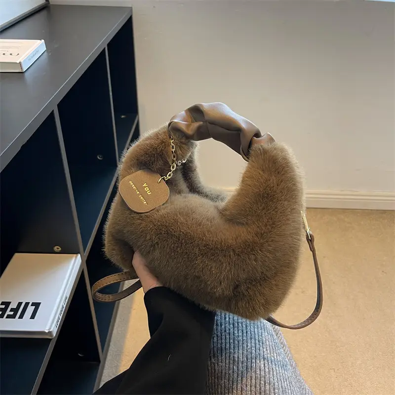 Furry Shoulder Messenger Bag for Women Brown 2022 - Image 10