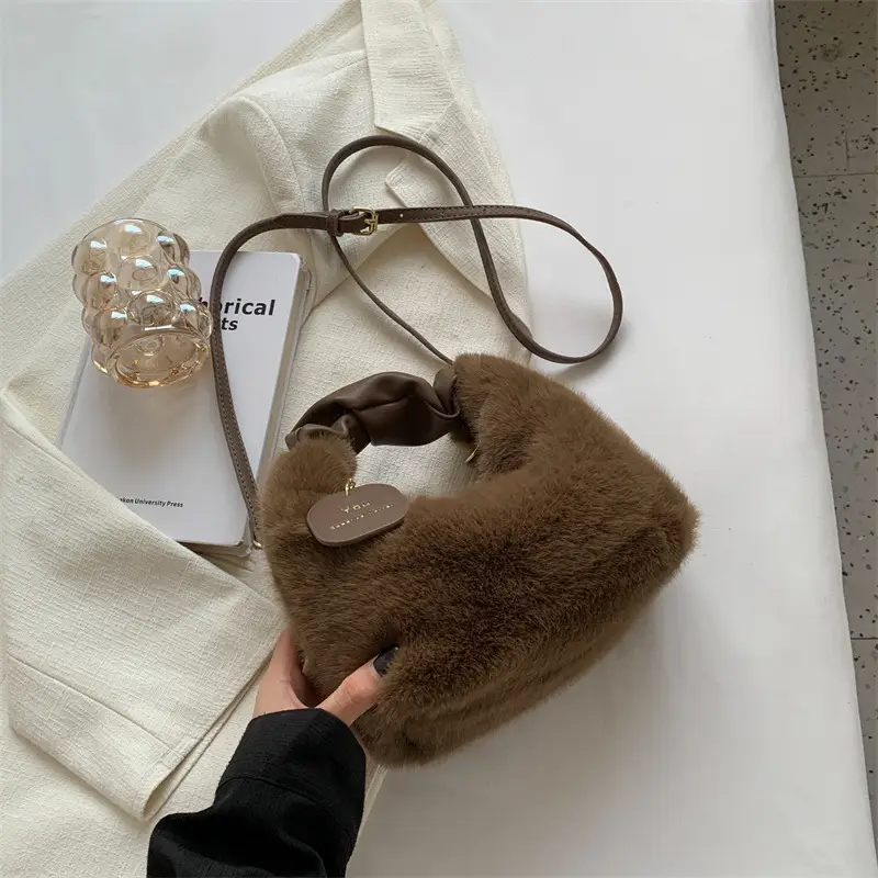 Furry Shoulder Messenger Bag for Women Brown 2022 - Image 4