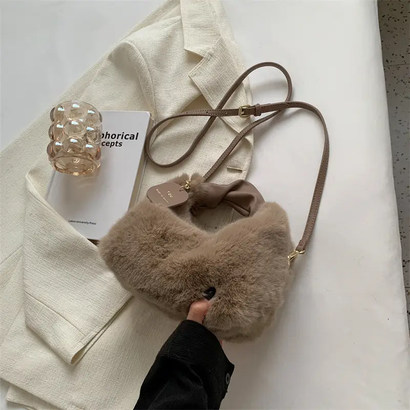 Furry Shoulder Messenger Bag for Women Brown 2022 - Image 5