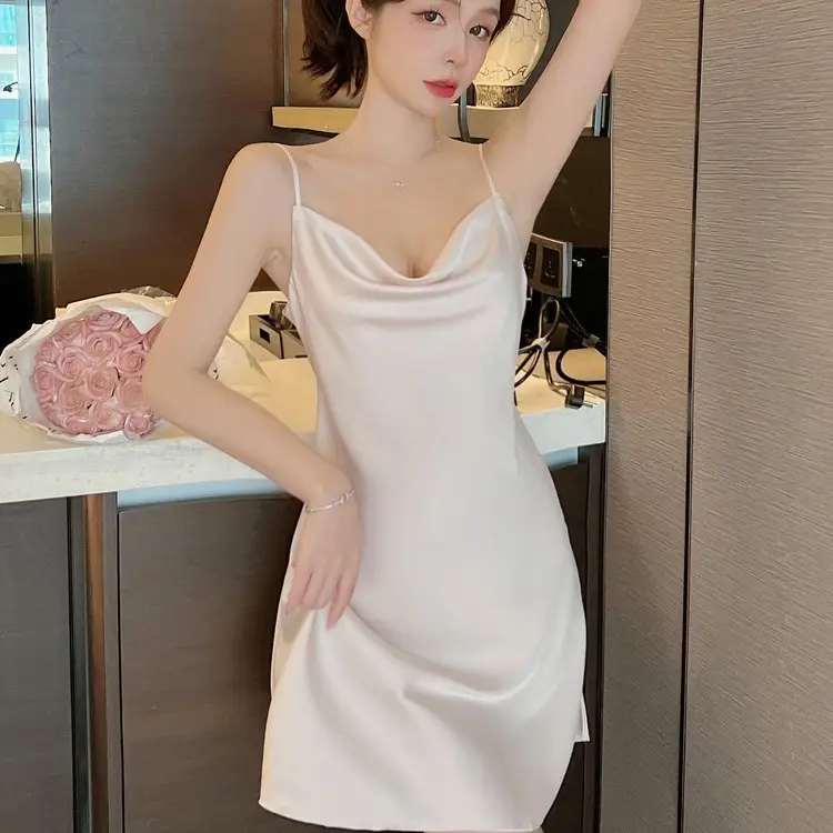 Sexy Pajamas Women's Summer New Sling Nightgown Ice Silk Swing Collar Split Beautiful Back New Home Clothes Cross Border