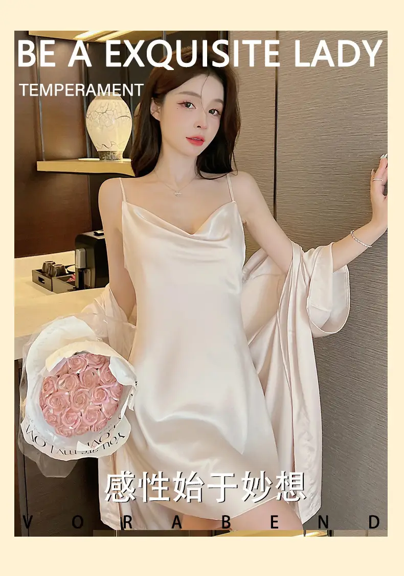 Sexy Pajamas Women's Summer New Sling Nightgown Ice Silk Swing Collar Split Beautiful Back New Home Clothes Cross Border — feature 1
