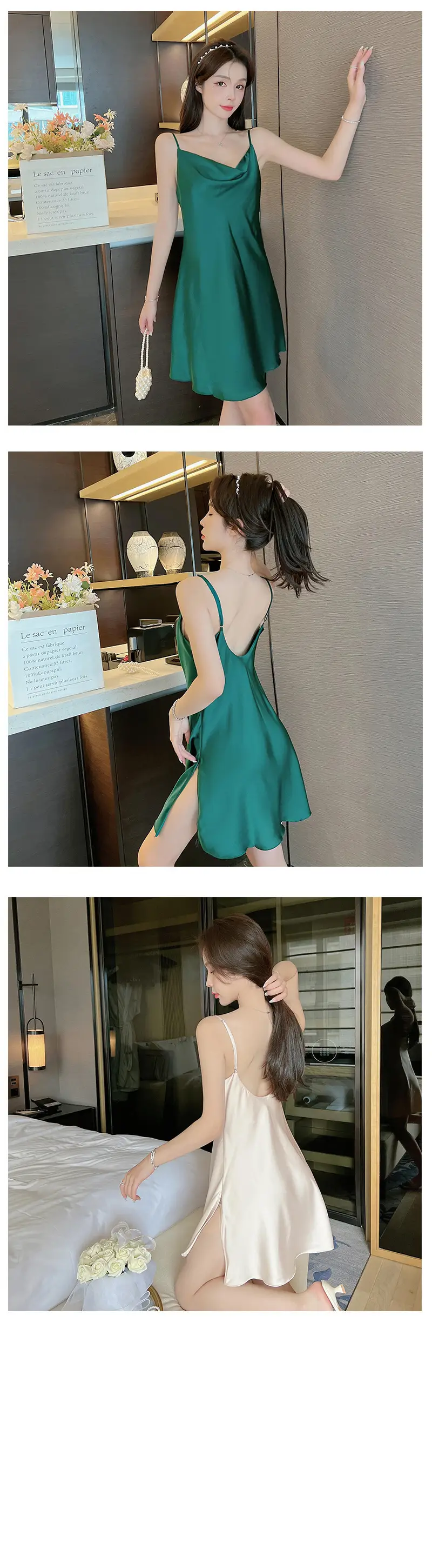 Sexy Pajamas Women's Summer New Sling Nightgown Ice Silk Swing Collar Split Beautiful Back New Home Clothes Cross Border — feature 10