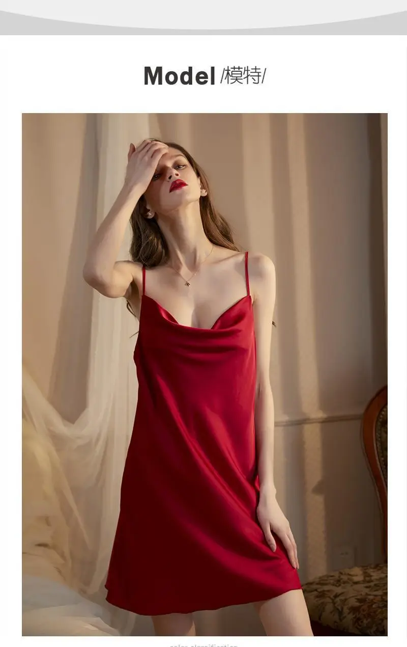 Sexy Pajamas Women's Summer New Sling Nightgown Ice Silk Swing Collar Split Beautiful Back New Home Clothes Cross Border — feature 14