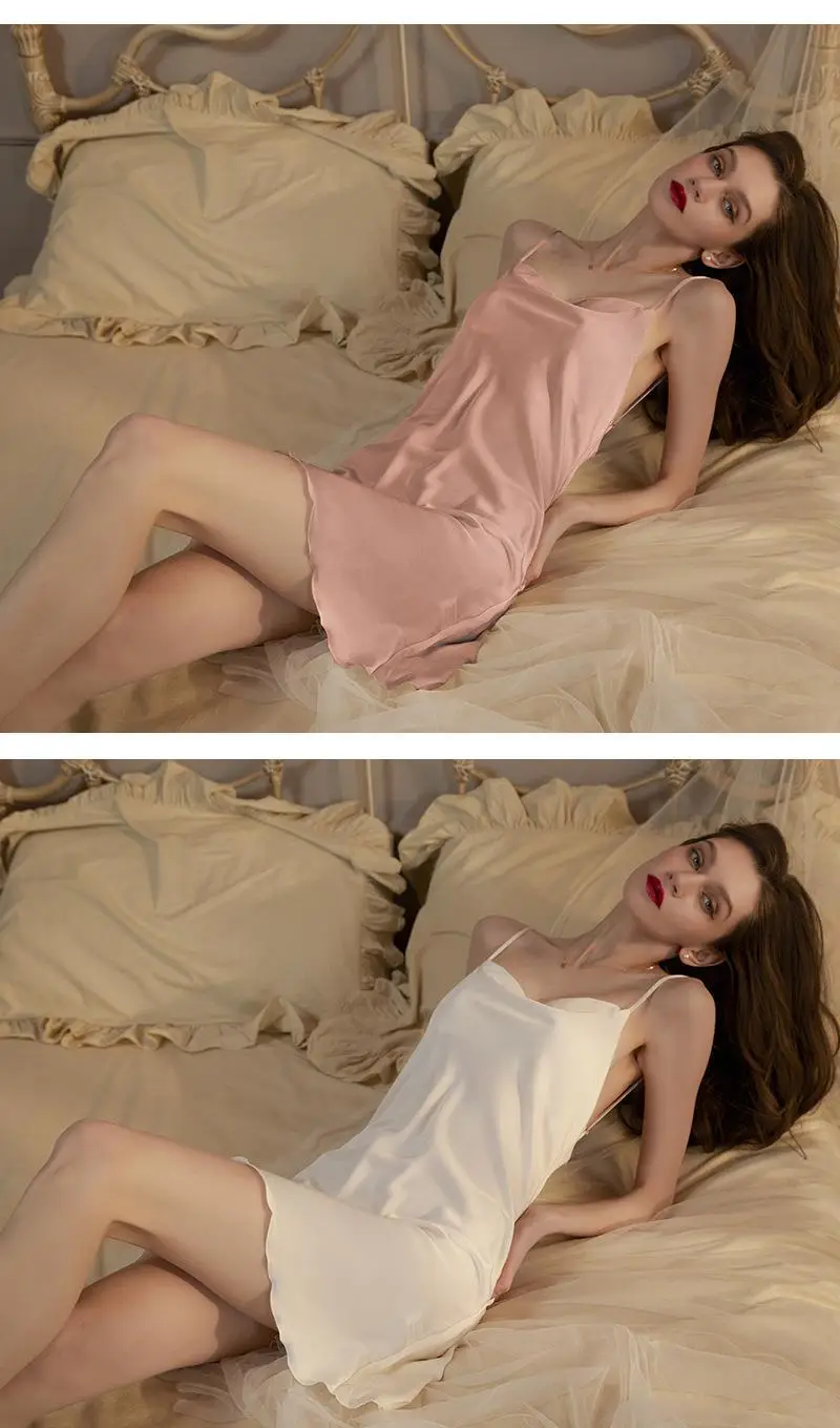 Sexy Pajamas Women's Summer New Sling Nightgown Ice Silk Swing Collar Split Beautiful Back New Home Clothes Cross Border — feature 17