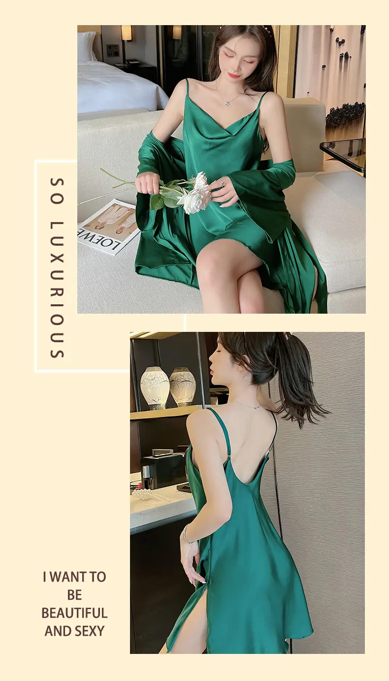 Sexy Pajamas Women's Summer New Sling Nightgown Ice Silk Swing Collar Split Beautiful Back New Home Clothes Cross Border — feature 5